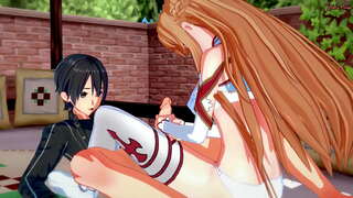 Kirito добива blowjob од Asuna, тогаш ебе неа тешко на креветот.